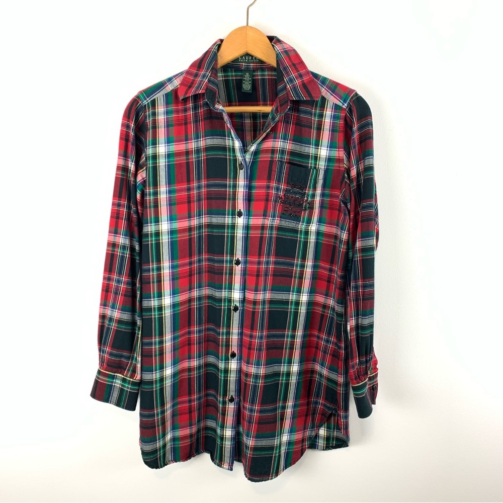 LAUREN RALPH LAUREN Red Plaid Rhinestone Logo Tunic Shirt Size XS